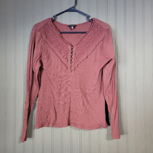 Lucky Brand Tops - Lucky Brand Long Sleeve Henley Shirt Lace Detail Ribbed Y2K Style Red Women's LG